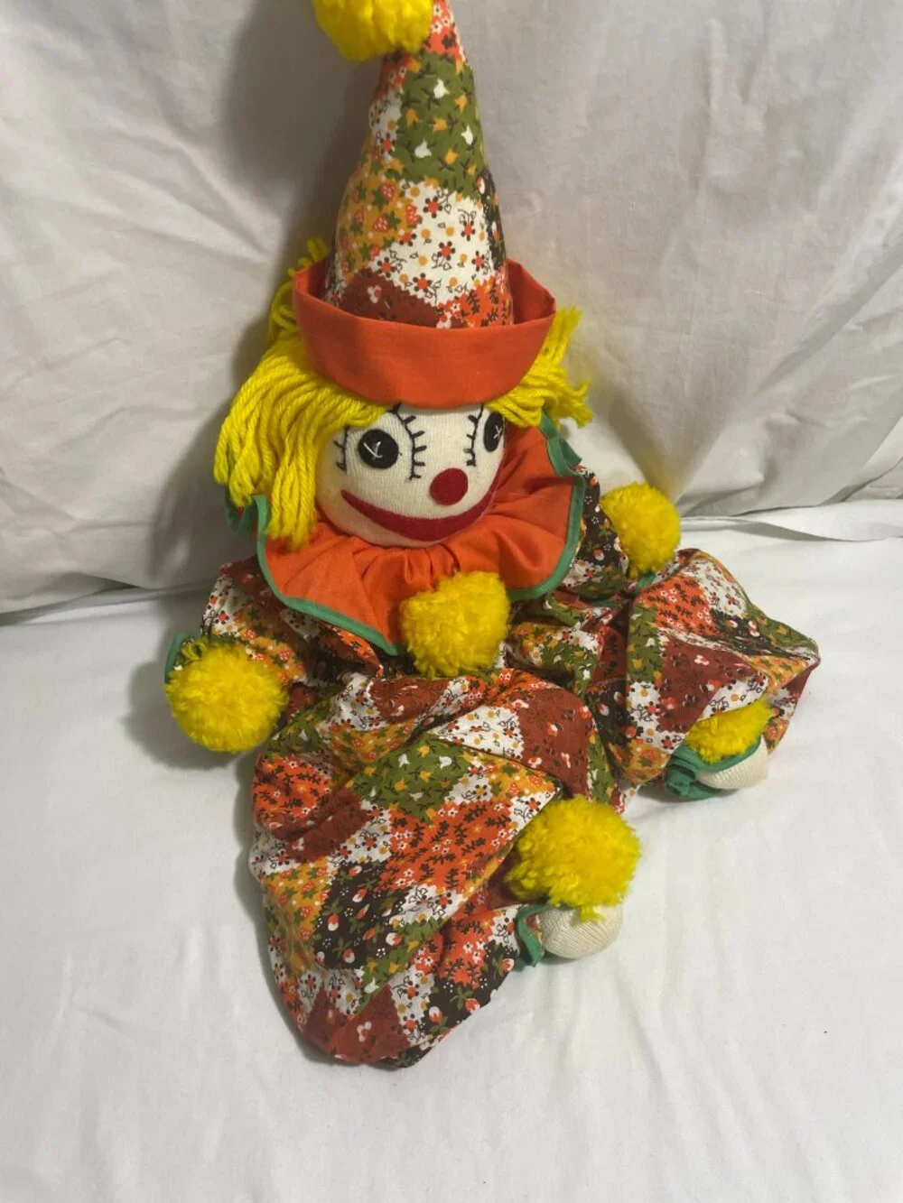 Vintage Handmade Rag Doll Clown Plush Stuffed Toy Yellow Yarn Hair Patchwork 20